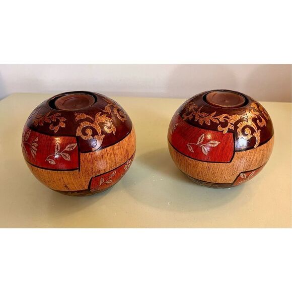 Vintage Wooden Oval Floral Raised Relief Earthtones Candle Holder Lot of 2 - Picture 1 of 9